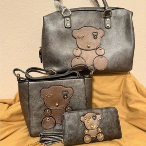 Chic Teddy Bear Design Women's Bag Set - Black and Brown